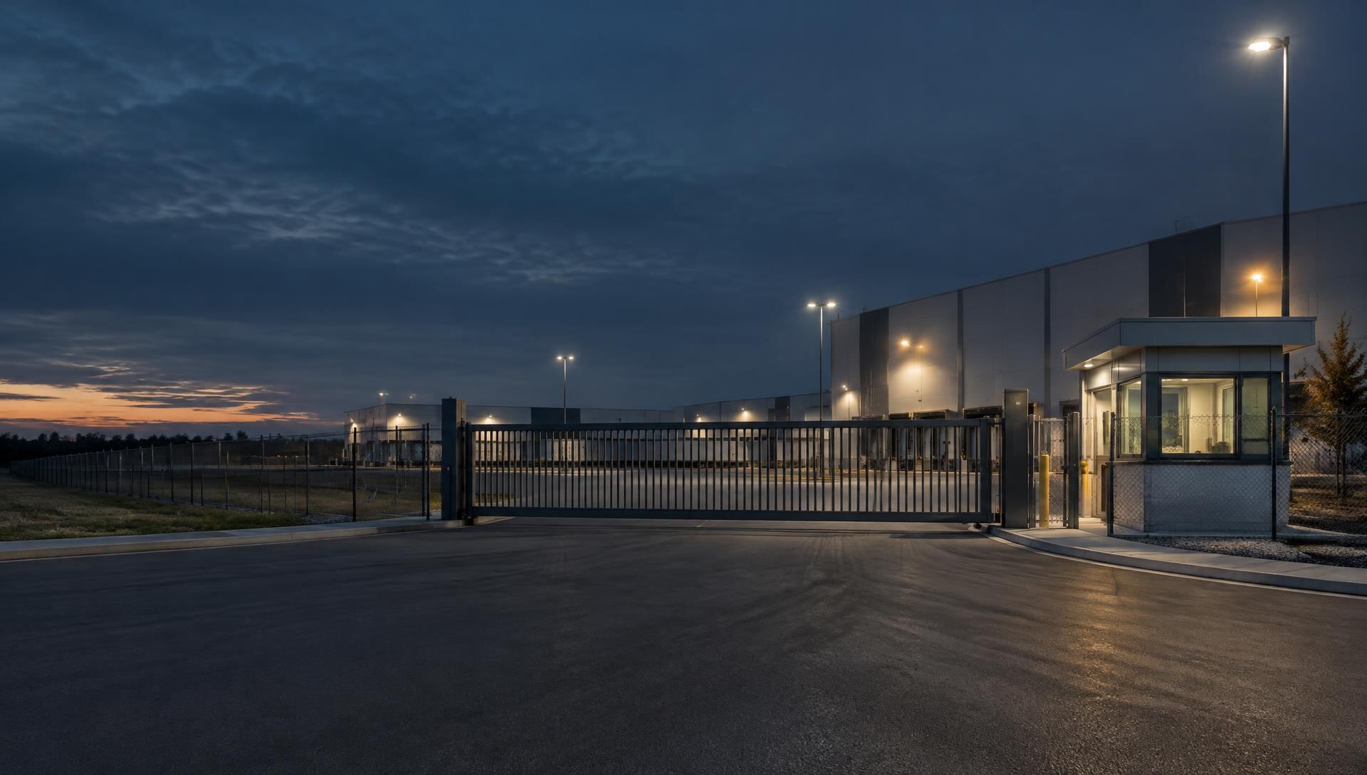 A logistics site vehicle gate, guard booth and perimeter fence at dusk