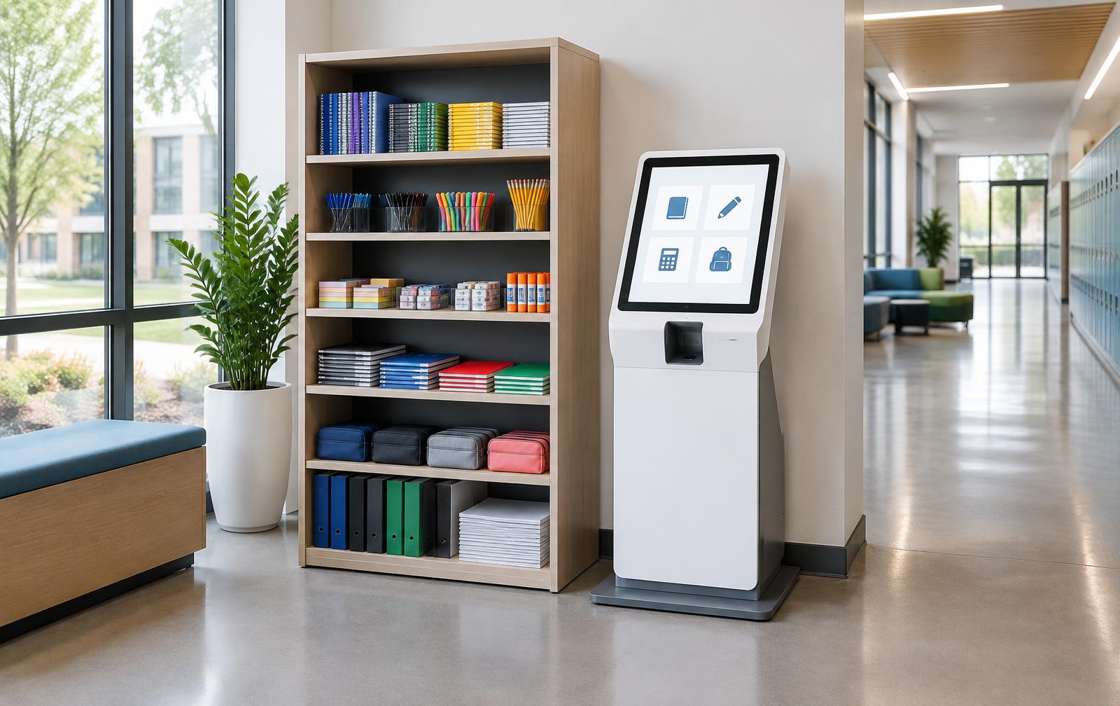 A self-service kiosk station beside stocked shelves of school supplies in a bright campus corridor