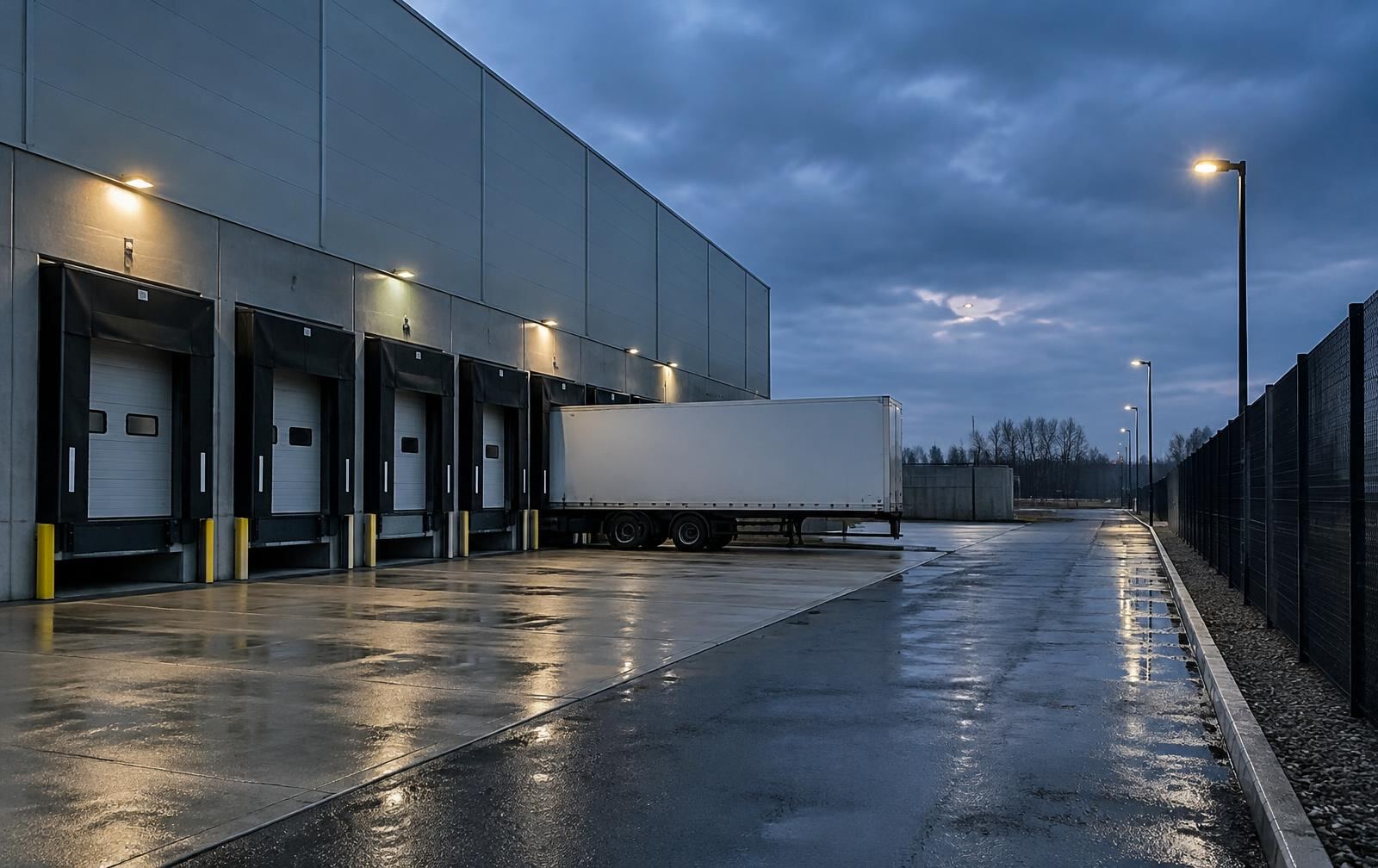 Warehouse loading docks and a service road running beside a boundary fence at dusk